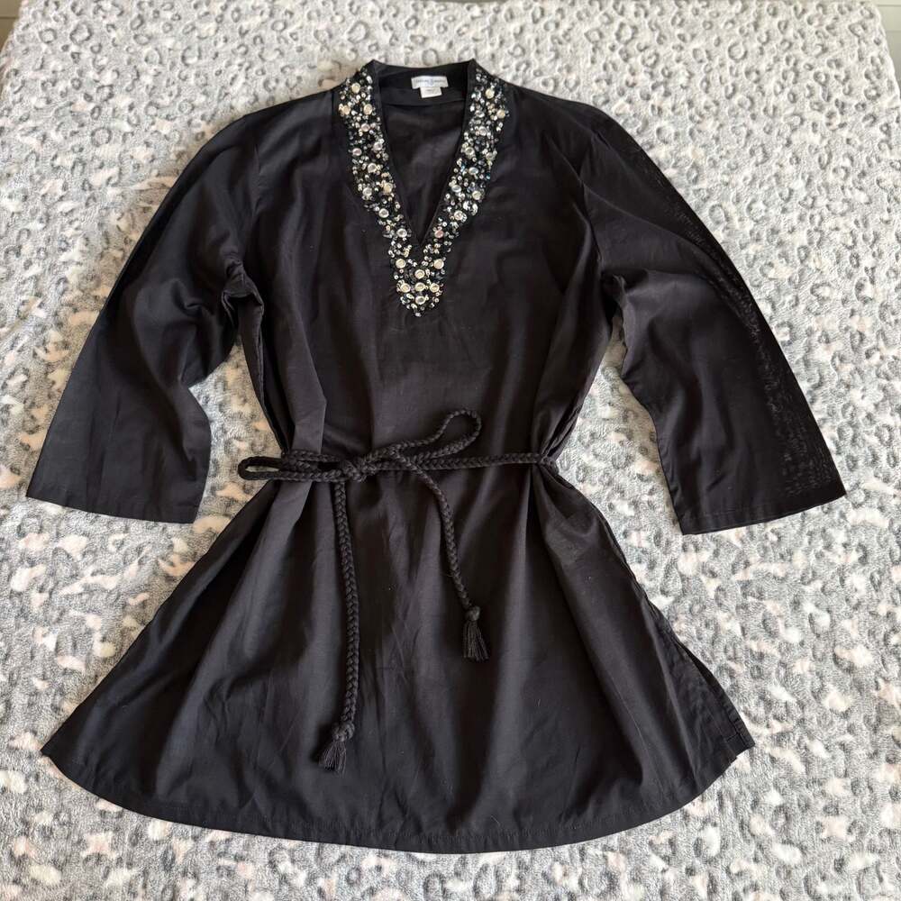 Jaclyn Smith Black Embellished Beaded V-Neck Tunic Top with Belt Size L